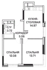 МФК «Clementine», планировка 2-комнатной квартиры, 49.54 м²