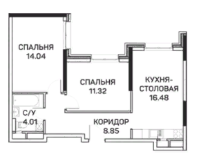 МФК «Clementine», планировка 2-комнатной квартиры, 54.70 м²