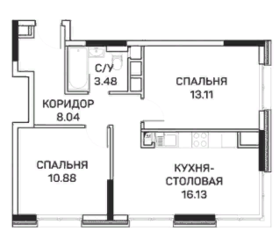 МФК «Clementine», планировка 2-комнатной квартиры, 51.64 м²