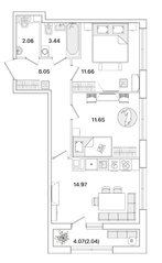ЖК «Академик», планировка 2-комнатной квартиры, 53.87 м²