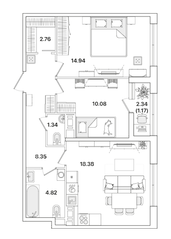 ЖК «Академик», планировка 2-комнатной квартиры, 61.84 м²