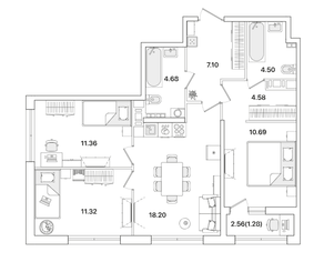 ЖК «Академик», планировка 3-комнатной квартиры, 73.71 м²