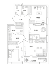 ЖК «Академик», планировка 3-комнатной квартиры, 76.41 м²