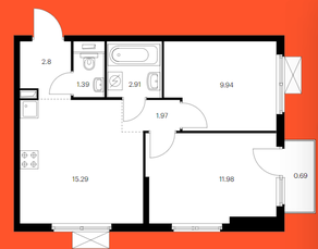 ЖК «Янинский лес», планировка 2-комнатной квартиры, 46.97 м²