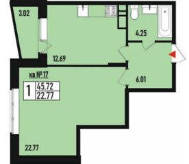 МЖК «Борисоглебское 2», планировка 1-комнатной квартиры, 46.00 м²