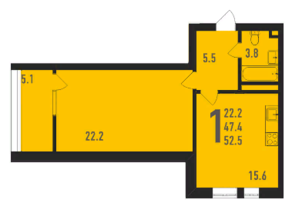 ЖК «Ивантеевка 2020», планировка 1-комнатной квартиры, 52.50 м²