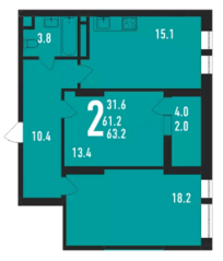 ЖК «Ивантеевка 2020», планировка 2-комнатной квартиры, 63.20 м²