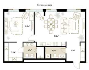 Апарт-отель «Roza Rossa», планировка 1-комнатной квартиры, 76.60 м²