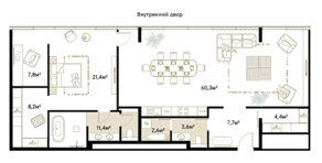 Апарт-отель «Roza Rossa», планировка 1-комнатной квартиры, 127.40 м²
