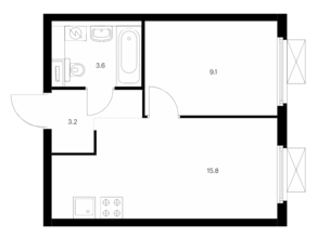 ЖК «Кузьминский лес», планировка 1-комнатной квартиры, 32.00 м²