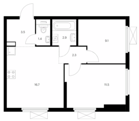 ЖК «Кузьминский лес», планировка 2-комнатной квартиры, 47.40 м²