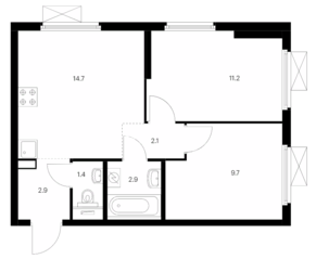 ЖК «Кузьминский лес», планировка 2-комнатной квартиры, 44.90 м²