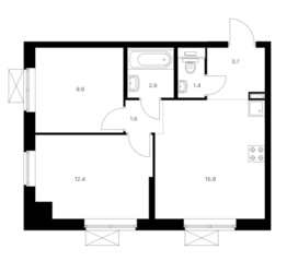 ЖК «Римского-Корсакова 11», планировка 2-комнатной квартиры, 48.70 м²