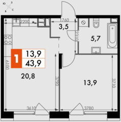 ЖК «The Lake», планировка 1-комнатной квартиры, 43.90 м²