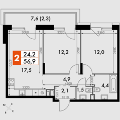 ЖК «The Lake», планировка 2-комнатной квартиры, 56.90 м²