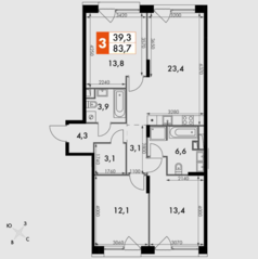 ЖК «The Lake», планировка 3-комнатной квартиры, 83.70 м²