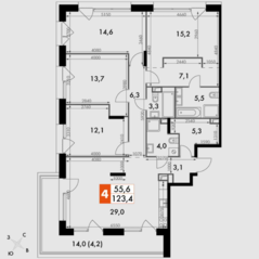 ЖК «The Lake», планировка 4-комнатной квартиры, 123.40 м²