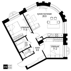 ЖК «Интеллигент», планировка 3-комнатной квартиры, 65.00 м²