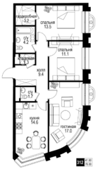 ЖК «Интеллигент», планировка 3-комнатной квартиры, 76.00 м²
