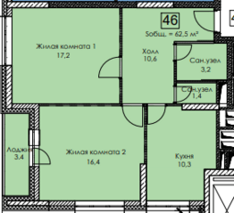ЖК «Измайловский проезд 22-1», планировка 2-комнатной квартиры, 62.50 м²