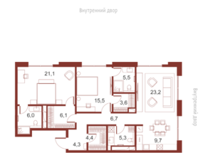 Апарт-отель «Ильинка, 3/8», планировка 2-комнатной квартиры, 111.50 м²