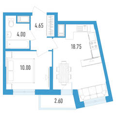 ЖК «Колумб», планировка 1-комнатной квартиры, 38.70 м²