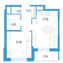 ЖК «Колумб», планировка 1-комнатной квартиры, 41.72 м²