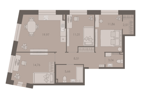 МФК «Северная Корона (ПСК)», планировка 3-комнатной квартиры, 77.34 м²