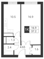 ЖК «Квартал Гальчино», планировка 1-комнатной квартиры, 37.20 м²
