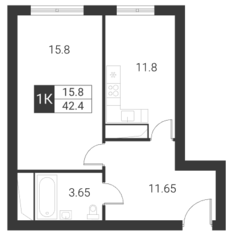 ЖК «Квартал Гальчино», планировка 1-комнатной квартиры, 42.40 м²