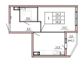 ЖК «Tre Kronor», планировка 1-комнатной квартиры, 36.80 м²