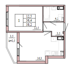 ЖК «Tre Kronor», планировка 1-комнатной квартиры, 38.20 м²