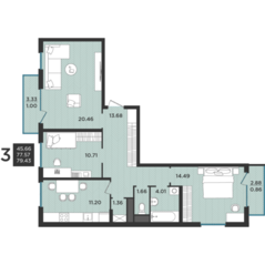 МЖК «Новокасимово», планировка 3-комнатной квартиры, 79.43 м²
