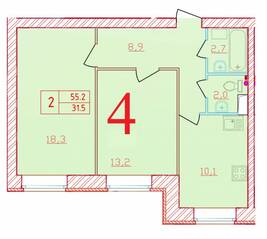 ЖК «Новый мир», планировка 2-комнатной квартиры, 55.20 м²