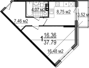 Апарт-комплекс «Avenue-Apart Прибрежный», планировка 1-комнатной квартиры, 37.79 м²