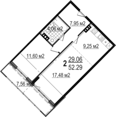 Апарт-комплекс «Avenue-Apart Прибрежный», планировка 1-комнатной квартиры, 52.29 м²