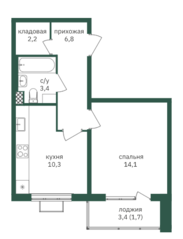 ЖК «Зеленая вертикаль», планировка 1-комнатной квартиры, 38.50 м²