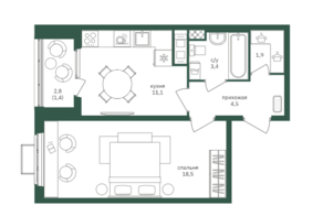 ЖК «Зеленая вертикаль», планировка 1-комнатной квартиры, 40.90 м²
