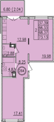 МЖК «Образцовый квартал 13», планировка 2-комнатной квартиры, 73.13 м²