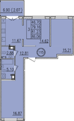 МЖК «Образцовый квартал 13», планировка 3-комнатной квартиры, 86.06 м²