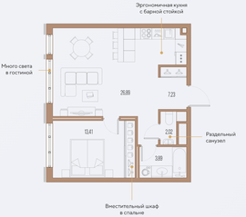 ЖК «Малоохтинский, 68», планировка 1-комнатной квартиры, 52.33 м²