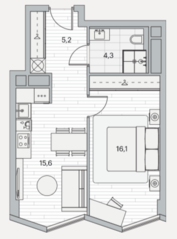 ЖК «Береговой 2», планировка 1-комнатной квартиры, 41.20 м²