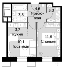 Апарт-отель «Движение. Тушино», планировка 2-комнатной квартиры, 36.80 м²
