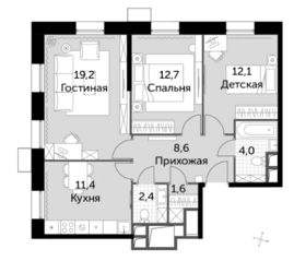 Апарт-отель «Движение. Тушино», планировка 3-комнатной квартиры, 72.00 м²