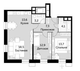Апарт-отель «Движение. Тушино», планировка 3-комнатной квартиры, 73.30 м²