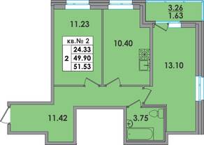 ЖК «Жукова 18», планировка 2-комнатной квартиры, 51.53 м²