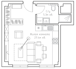 МФК «Резиденции Замоскворечье», планировка студии, 32.70 м²