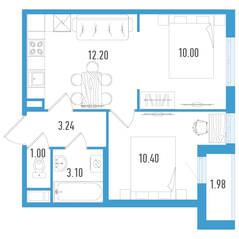 ЖК «Aerocity 5», планировка 2-комнатной квартиры, 40.93 м²