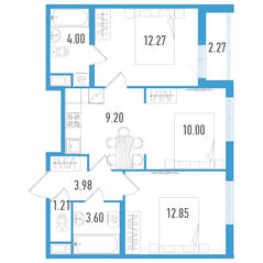 ЖК «Aerocity 5», планировка 3-комнатной квартиры, 58.24 м²