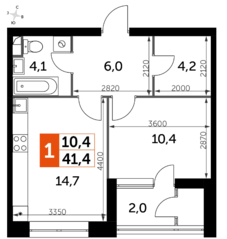 ЖК «Sky Garden», планировка 1-комнатной квартиры, 41.40 м²